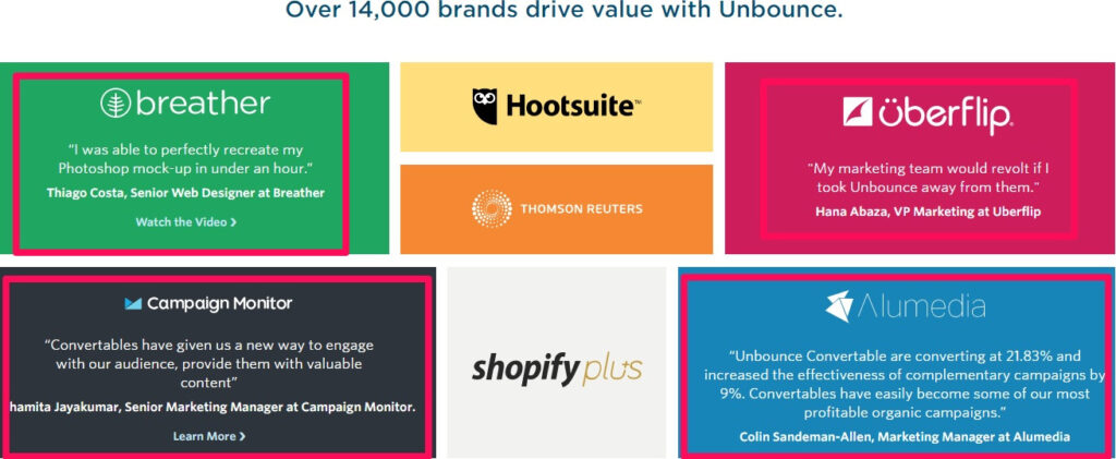 Brands that drive value with unbounce. Listed as Breather, Hootsuite, Thomson Reuters, Uberflip, Campaign Motor, Shopify Plus, and Alumedia.
